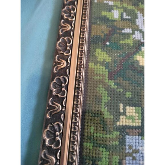 Vintage Framed Needlepoint Landscape Cottage Scene Ornate Wood Frame 10x12.5 - Picture 8 of 9